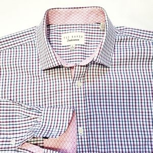 Ted Baker Endurance Long Sleeve Button Down Shirt Red Blue Grid 15 Neck